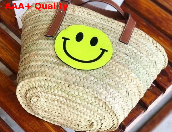 Loewe Smiley Basket Bag in Palm Leaf and Calfskin Natural and Neon Yellow Replica