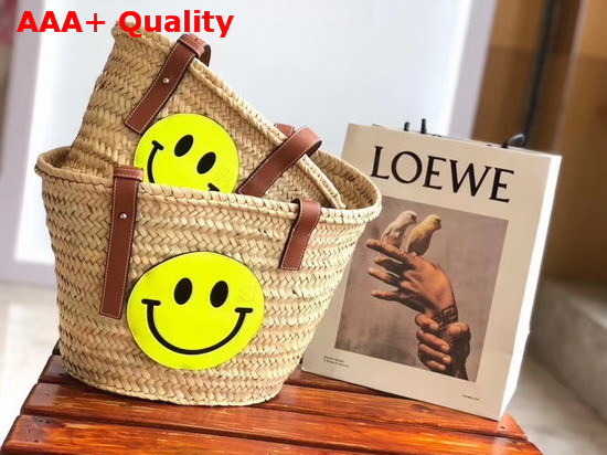 Loewe Smiley Basket Bag in Palm Leaf and Calfskin Natural and Neon Yellow Replica