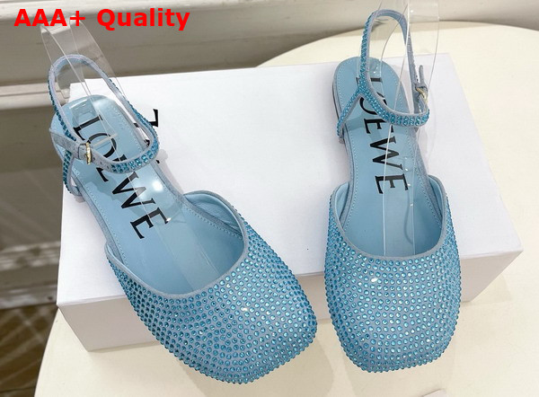 Loewe Toy Ankle Strap Ballerina in Baby Blue Rhinestone Embellished Suede Replica