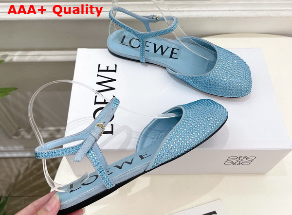 Loewe Toy Ankle Strap Ballerina in Baby Blue Rhinestone Embellished Suede Replica