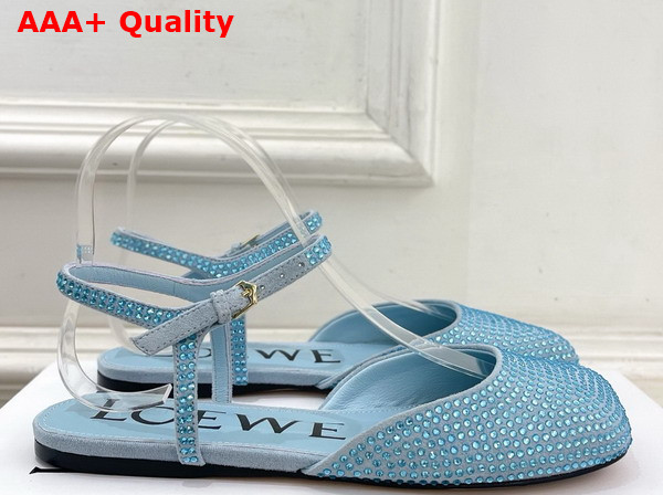 Loewe Toy Ankle Strap Ballerina in Baby Blue Rhinestone Embellished Suede Replica