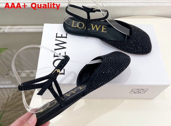 Loewe Toy Ankle Strap Ballerina in Black Rhinestone Embellished Suede Replica
