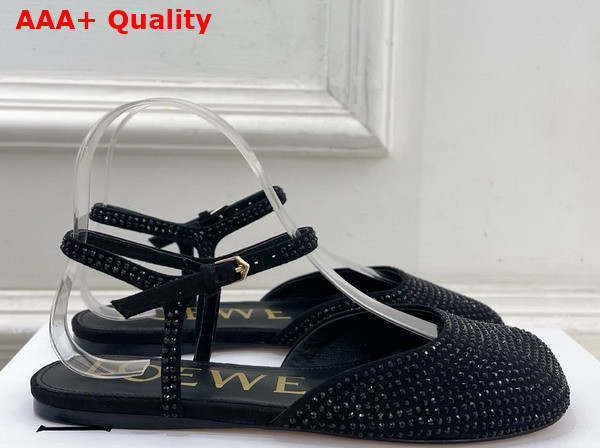 Loewe Toy Ankle Strap Ballerina in Black Rhinestone Embellished Suede Replica