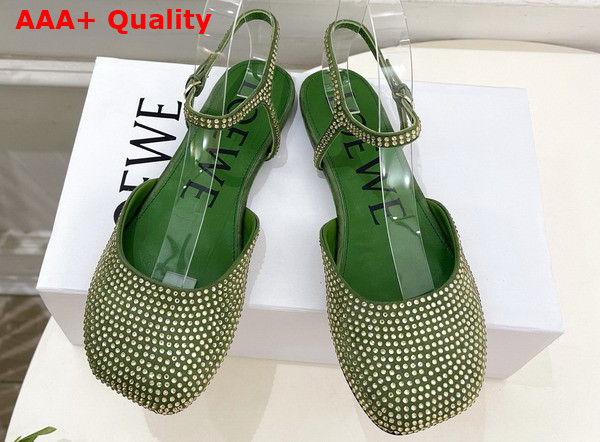 Loewe Toy Ankle Strap Ballerina in Military Green Rhinestone Embellished Suede Replica