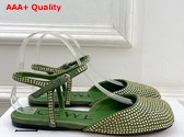 Loewe Toy Ankle Strap Ballerina in Military Green Rhinestone Embellished Suede Replica