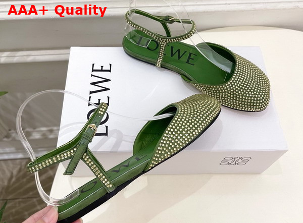 Loewe Toy Ankle Strap Ballerina in Military Green Rhinestone Embellished Suede Replica