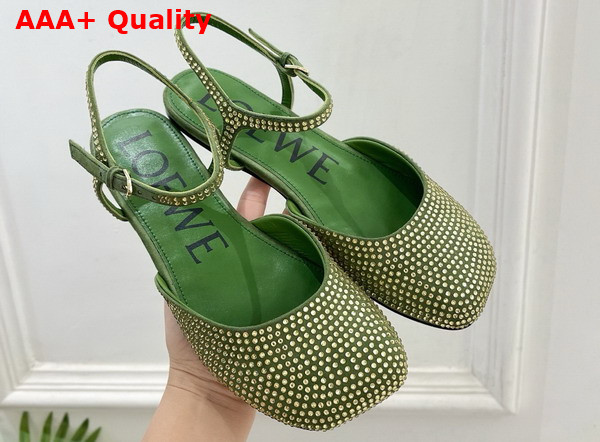Loewe Toy Ankle Strap Ballerina in Military Green Rhinestone Embellished Suede Replica