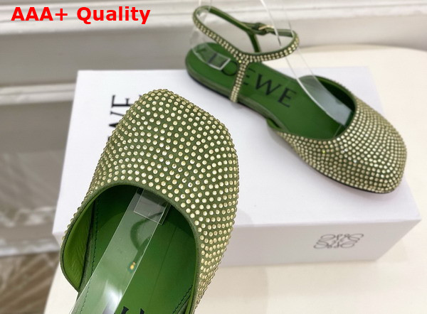 Loewe Toy Ankle Strap Ballerina in Military Green Rhinestone Embellished Suede Replica
