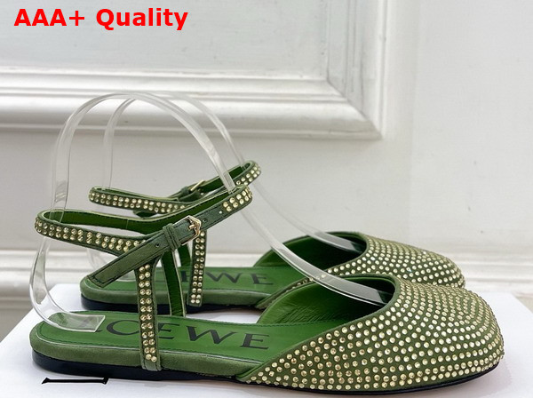 Loewe Toy Ankle Strap Ballerina in Military Green Rhinestone Embellished Suede Replica