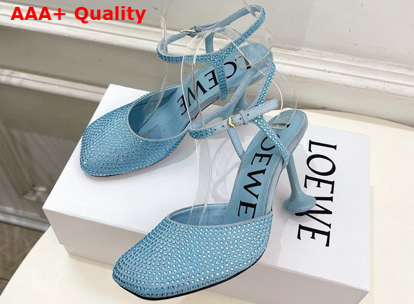 Loewe Toy Ankle Strap Pump in Rhinestone Embellished Suede Baby Blue Replica