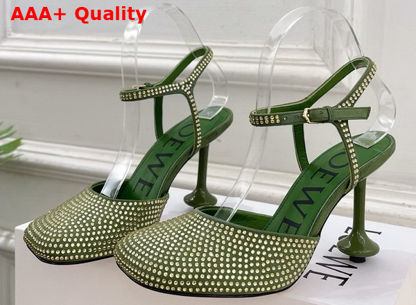 Loewe Toy Ankle Strap Pump in Rhinestone Embellished Suede Military Green Replica