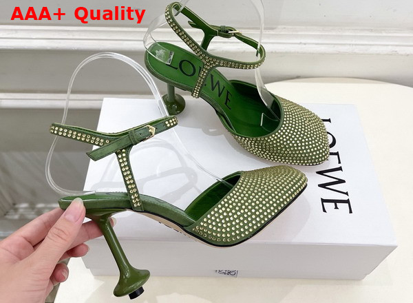 Loewe Toy Ankle Strap Pump in Rhinestone Embellished Suede Military Green Replica