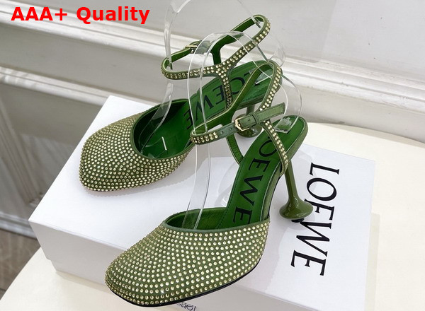 Loewe Toy Ankle Strap Pump in Rhinestone Embellished Suede Military Green Replica