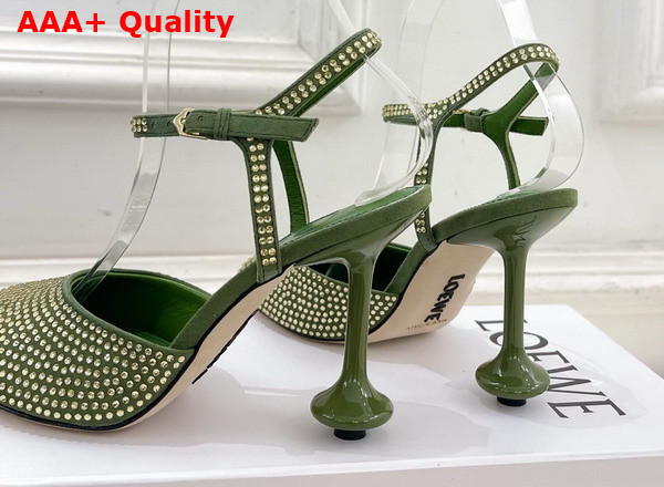 Loewe Toy Ankle Strap Pump in Rhinestone Embellished Suede Military Green Replica