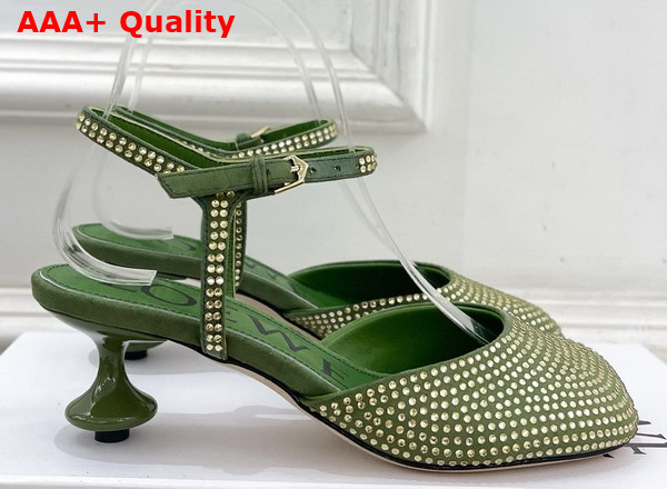 Loewe Toy Ankle Strap Pump in Rhinestone Embellished Suede Military Green Replica