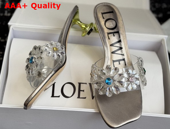 Loewe Toy Crystal Flowers Sandal in PVC Aged Silver and Green Replica