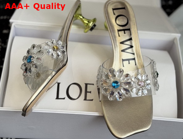 Loewe Toy Crystal Flowers Sandal in PVC Light Gold and Green Replica