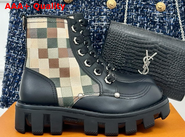 LV Checker Combat Boot in Black Calf Leather with Damoflage Motif 1ACNF2 Replica