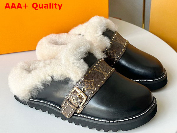 LV Cosy Flat Comfort Clog in Black Calf Leather and Shearling Replica