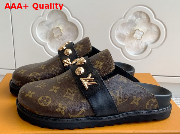 LV Cosy Flat Comfort Clog in Monogram Canvas with Gold Toned Studs Replica