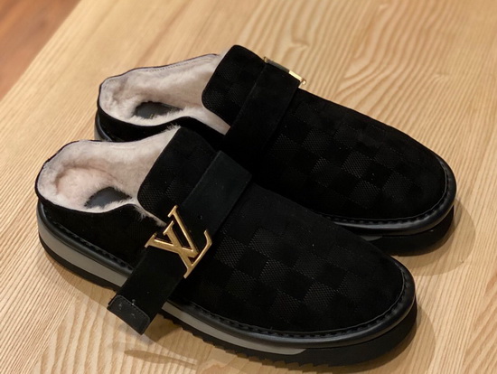 LV Cosy Mule in Black Damier Suede Calf Leather and Shearling Lining Replica