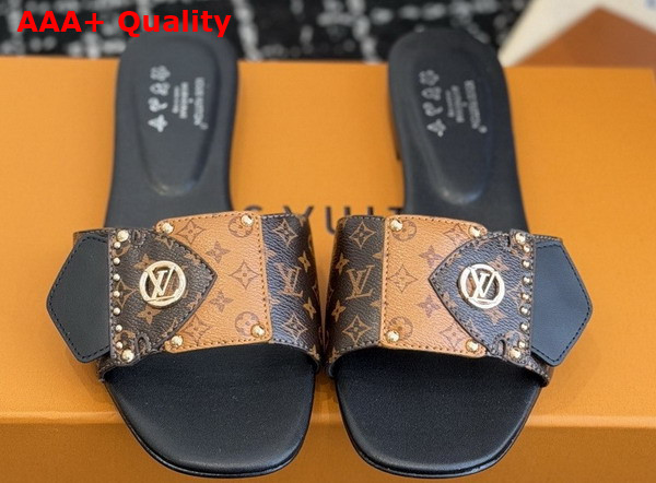 LV Frame Flat Mule Cacao Patent Monogram and Monogram Reverse Canvas 1ACXGA Replica