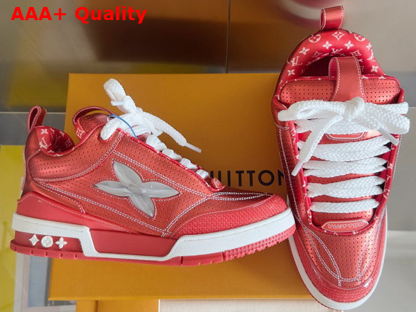 LV Skate Sneaker in Red Metallic and Perforated Calf Leather 1AHWIL Replica