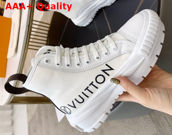 LV Squad Sneaker Boot in White Cotton Canvas and Calf Leather Trim Replica