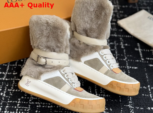 LV Tilted Sneaker Boot in Light Khaki Suede and Shearling Replica