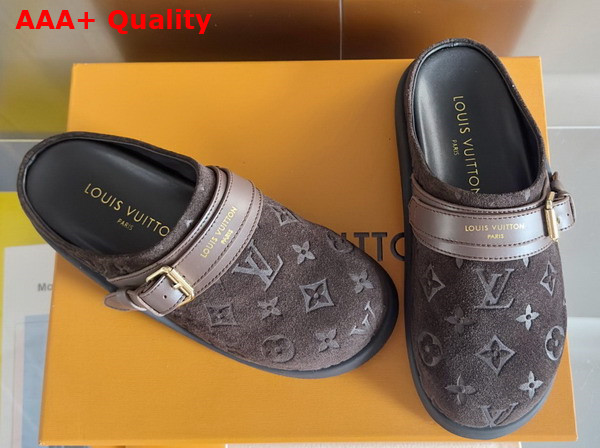 LV To Go Flat Comfort Clog in Dark Brown Monogram Debossed Suede Calf Leather Replica