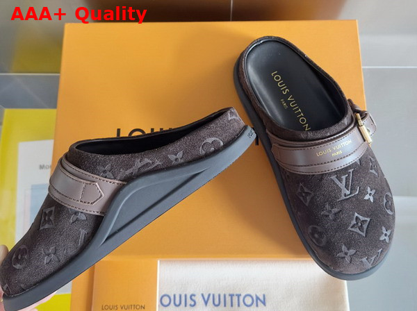 LV To Go Flat Comfort Clog in Dark Brown Monogram Debossed Suede Calf Leather Replica