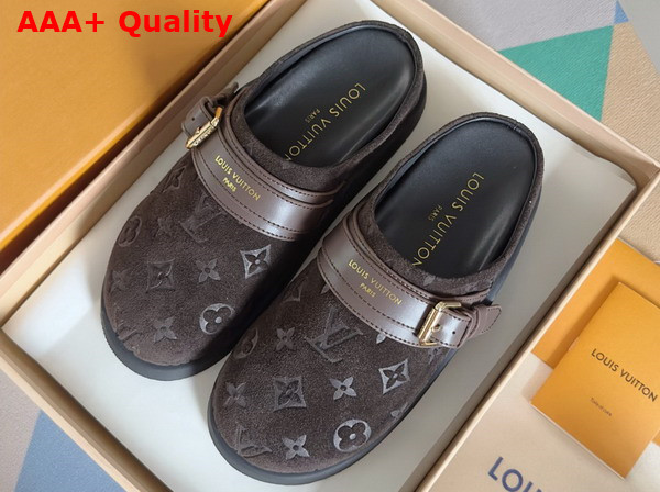 LV To Go Flat Comfort Clog in Dark Brown Monogram Debossed Suede Calf Leather Replica