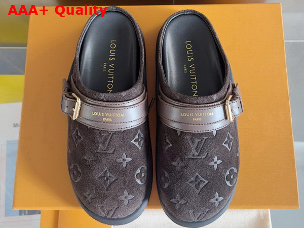 LV To Go Flat Comfort Clog in Dark Brown Monogram Debossed Suede Calf Leather Replica