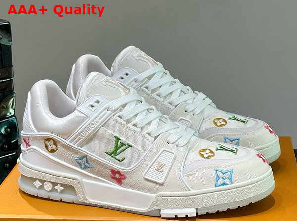 LV Trainer Sneaker in Beige Monogram Denim with Multicolor Jacquard Monogram Flowers Replica