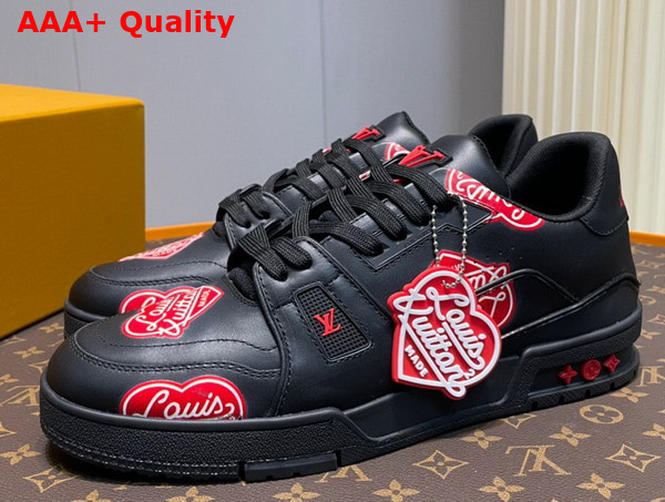 LV Trainer Sneaker in Black Calf Leather Printed with the Red Louis Vuitton2 Heart Logo 1A9JBB Replica