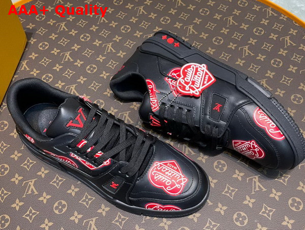 LV Trainer Sneaker in Black Calf Leather Printed with the Red Louis Vuitton2 Heart Logo 1A9JBB Replica