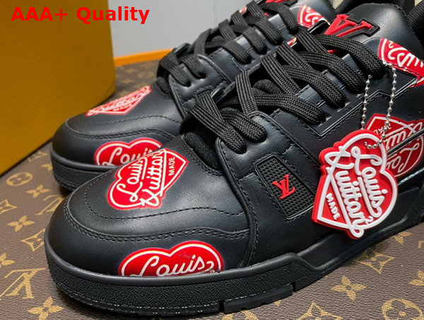 LV Trainer Sneaker in Black Calf Leather Printed with the Red Louis Vuitton2 Heart Logo 1A9JBB Replica