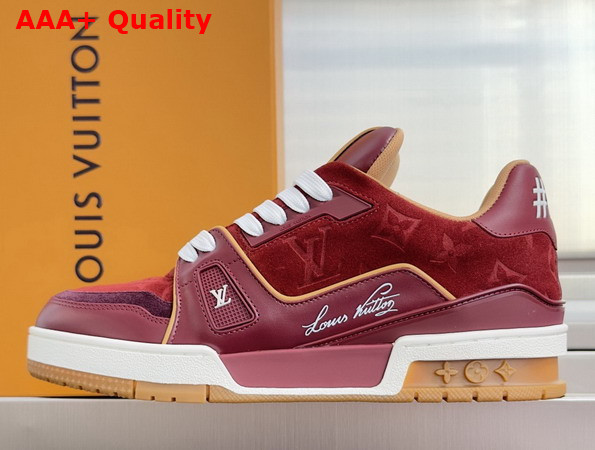 LV Trainer Sneaker in Bordeaux Red Suede Calf Leather and Plain Calf Leather 1AKR3W Replica