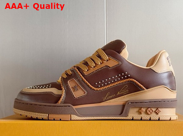LV Trainer Sneaker in Brown Grained Calf Leather with Colorful Accents 1AD7L8 Replica