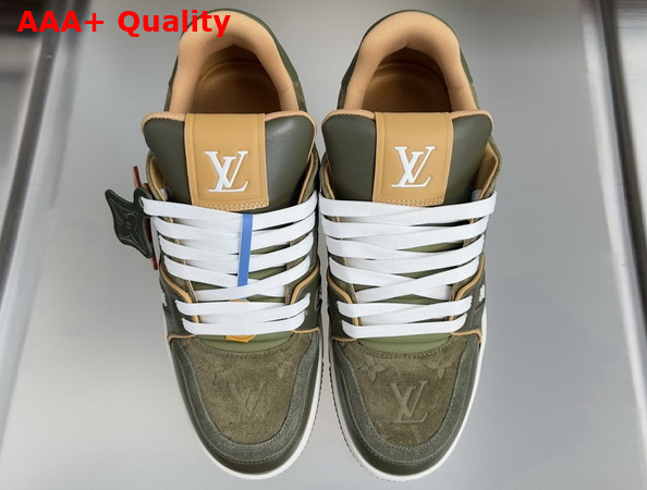 LV Trainer Sneaker in Green Suede Calf Leather and Plain Calf Leather 1AKR2U Replica