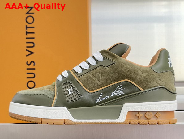 LV Trainer Sneaker in Green Suede Calf Leather and Plain Calf Leather 1AKR2U Replica