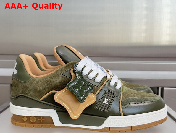 LV Trainer Sneaker in Green Suede Calf Leather and Plain Calf Leather 1AKR2U Replica