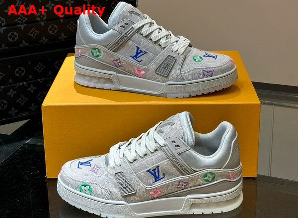 LV Trainer Sneaker in Grey Monogram Denim with Multicolor Jacquard Monogram Flowers Replica