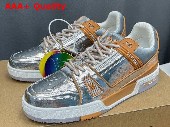 LV Trainer Sneaker in Metallic Silver Leather Embossed with the Monogram Pattern 1A996N Replica