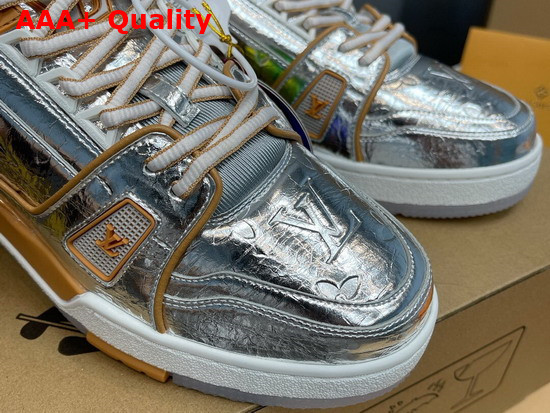 LV Trainer Sneaker in Metallic Silver Leather Embossed with the Monogram Pattern 1A996N Replica