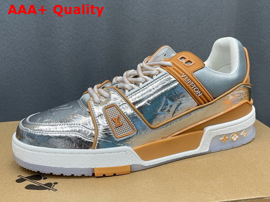 LV Trainer Sneaker in Metallic Silver Leather Embossed with the Monogram Pattern 1A996N Replica