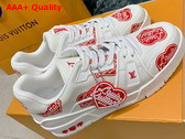 LV Trainer Sneaker in White Calf Leather Printed with the Red Louis Vuitton2 Heart Logo 1A9JAF Replica