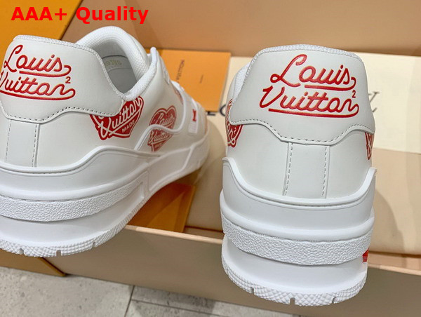 LV Trainer Sneaker in White Calf Leather Printed with the Red Louis Vuitton2 Heart Logo 1A9JAF Replica