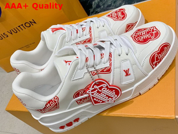 LV Trainer Sneaker in White Calf Leather Printed with the Red Louis Vuitton2 Heart Logo 1A9JAF Replica