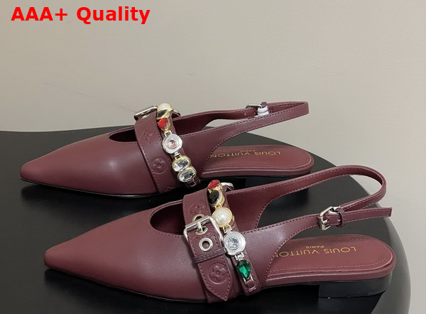 LV Vibe Slingback Flat Ballerina in Bordeaux Red Lambskin with a Row of Jewel Like Ornaments Replica